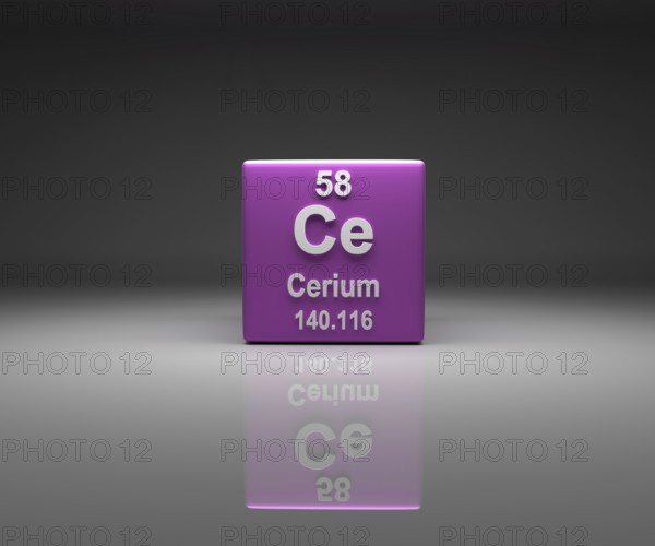 Cube with Cerium number 58 periodic table, 3d rendering