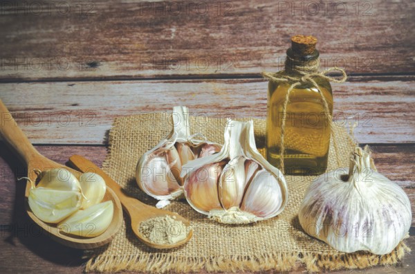 Whole, powdered and chopped garlic on a burlap cloth with a glass bottle with olive oil on a wooden
