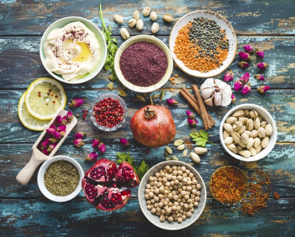 Arab ingredients for middle eastern food. Arabic cuisine ingredients on blue wooden background.