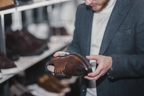 Man in business clothes chooses brown dress shoes in a store