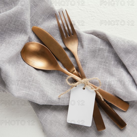 Arrangement elegant tableware with empty tag