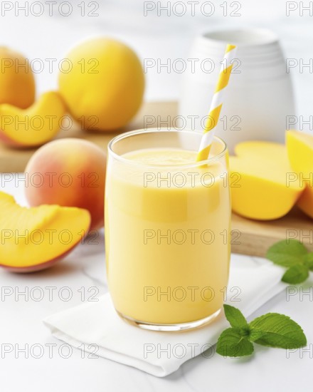 Fresh fruit shake in a glass, exotic fruit, smoothie, milkshake, mango, mint, straw, wellness