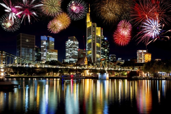 Fireworks at the skyline of Frankfurt at night
