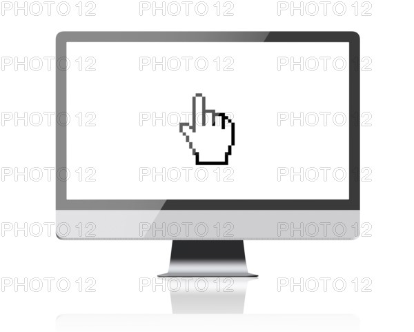 New monitor computer retina display with blank screen and hand cursor. Isolated on a white