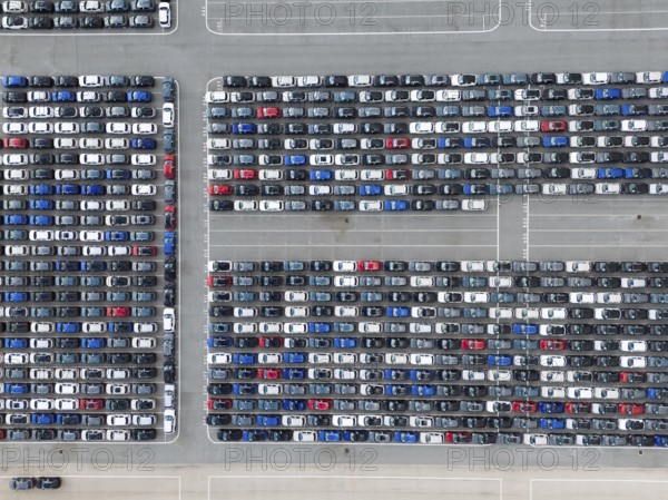 New Cars on Large Parking Lot in Port Ready for Distribution. Harbor Vehicle Storage for Shipping.