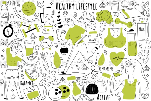Healthy lifestyle doodle set. Collection of hand drawn sketches patterns templates of people
