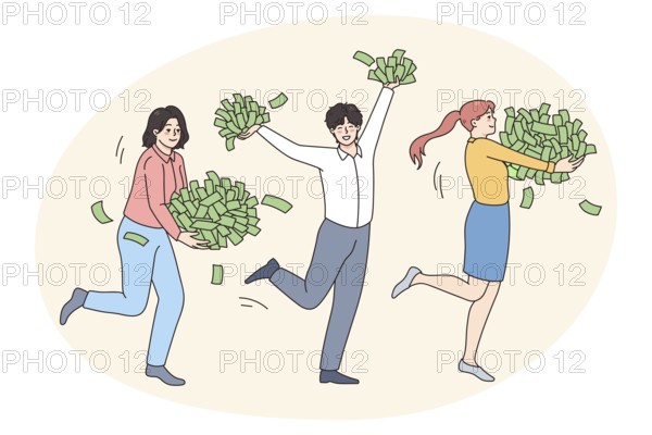 Overjoyed people with piles of money feel joyful with lottery win or victory. Happy men and women