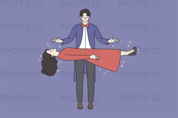 Magician work in circus make woman assistant float in air. Witcher perform magic focus or trick