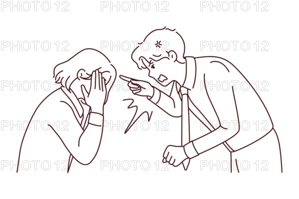 Furious businessman scolding stressed female employee at workplace. Angry male boss lecture scream