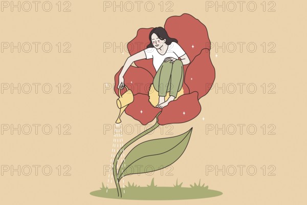 Loving and taking care of yourself concept. Young happy woman sitting in flower and watering it