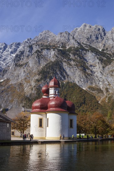Pilgrimage church St. Bartholomä with Watzmann east face at Königssee in autumn, Schönau,