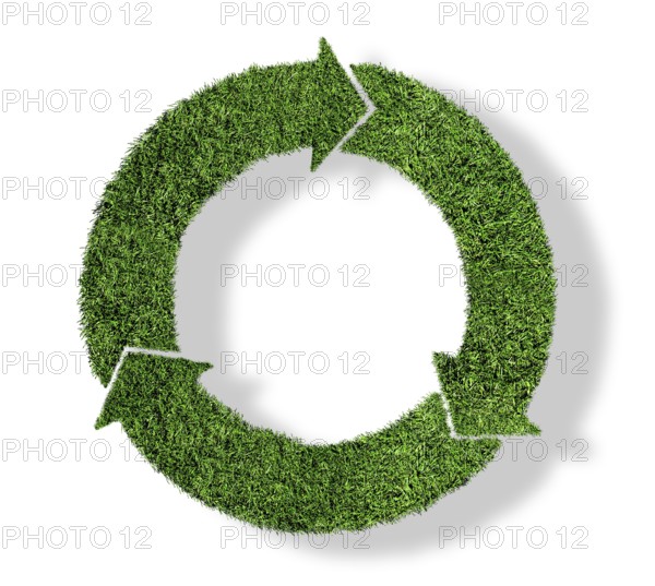 lush green grass recycling symbol, sustainability concept isolated on white background