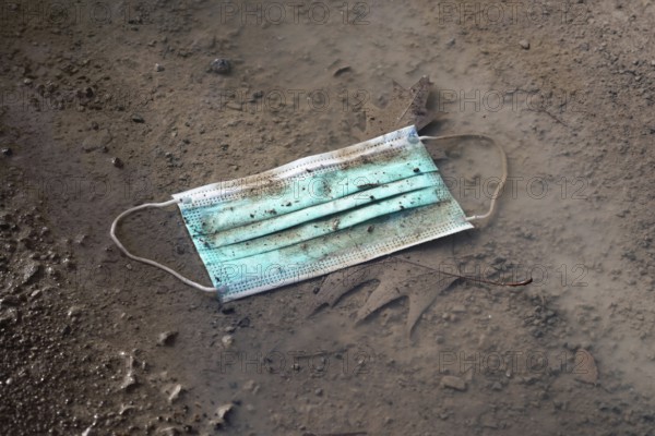 discarded used disposable face mask lying on ground in puddle - thrown away corona covid-19 masks