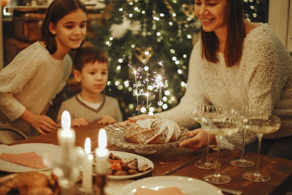 Happy big family with children celebrate New Year at cozy warm homely atmosphere near xmas tree,