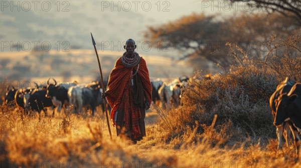 A Maasai in traditional clothing and a spear from Kenya herds a herd of cows, sunset, AI generated