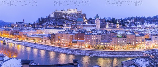 Salzburg old city at christmas time, snowy in the evening, Austria, Europe