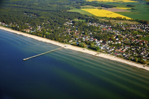 Aerial view of the Lubmin seaside resort with a pier in the Greifswalder Bodden