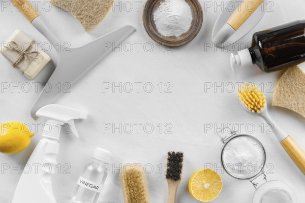 Flat lay eco cleaning products with lemon baking soda
