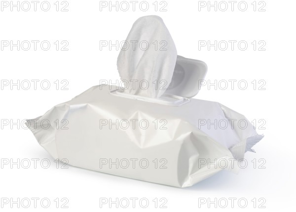 Open wet wipes flow pack, isolated on white background
