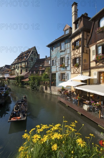 Half-timbered houses and restaurants, canal in the Quartier des Tanneurs, tanners' quarter, and in