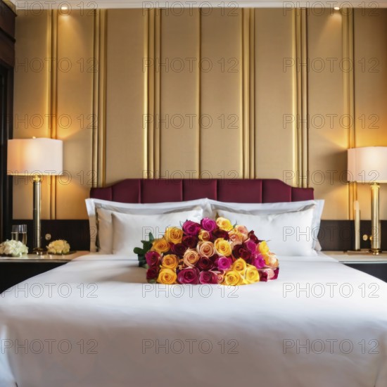Luxurious hotel room with a colorful rose bouquet on the bed, decorated in gold tones, AI generated