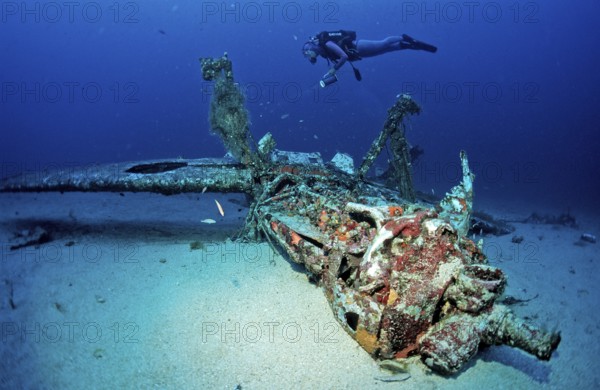 Messerschmidt 109 and diver, Mediterranean Sea, Ile de Planier, Marseille, France, Europe