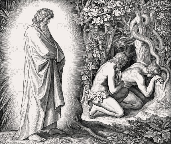 Confrontation, fall of man, by Julius Schnorr von Carolsfeld, 1860
