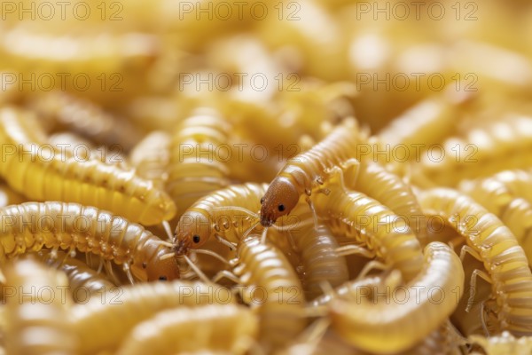 A close-up of mealworms (Tenebrio molitor) in yellowish-brown tones, AI generated, AI generated