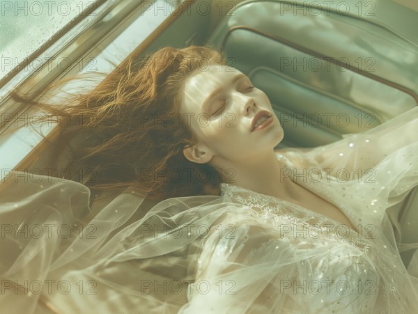 Young woman relaxes on a train seat, eyes closed, basking in sunlight. The vintage vibes add