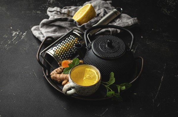 Healthy warm herbal turmeric tea for boosting immune system. Ingredients for making detox tea in