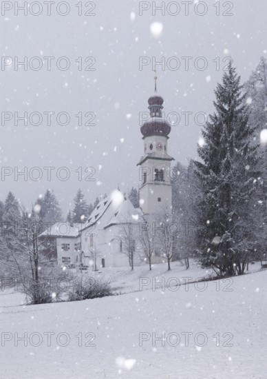 Church of St. Martin during snowfall, Gnadenwald, Tyrol, Austria, Europe
