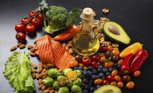 Healthy diet and nutrition food rich in vitamins and omega-3 concept, assorted fresh vegetables,