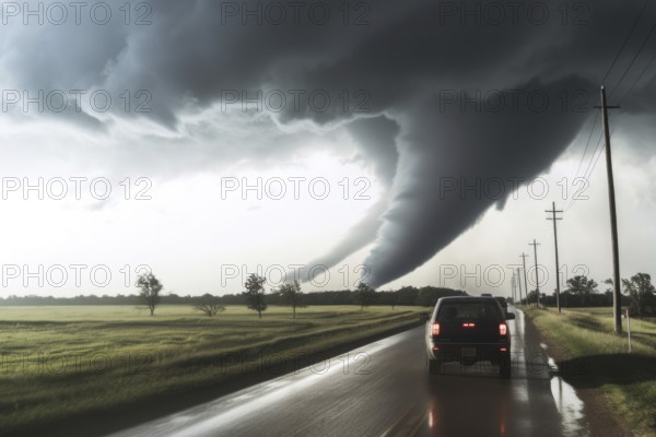 A tornado moves with great destructive force over agricultural land, car on road, natural disaster,