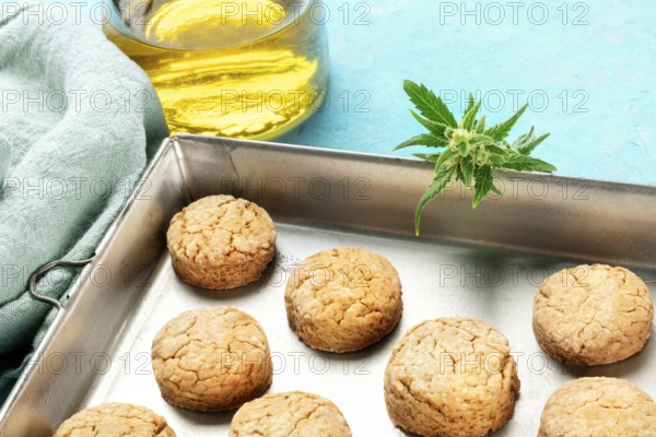 Cannabis butter cookies with marijuana buds and cannaoil, homemade healthy biscuits in a baking