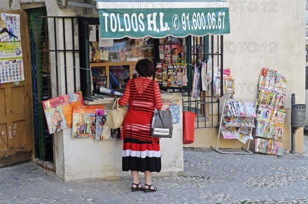 Kiosk, Woman, Newspapers, Chinchon, Madrid Province, Spain, Europe
