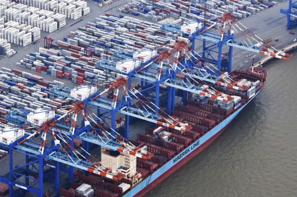 Container terminal, container ship being loaded, being unloaded, port, Bremerhaven, Germany, Europe