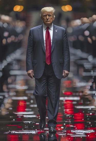 Donald Trump strides between a trellis of people on a ground mirrored after a rain shower, a small