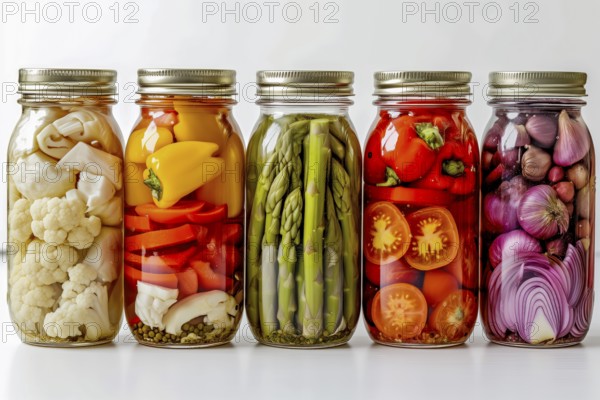 Different types of pickled vegetables in preserving jars on a neutral background, AI generated, AI