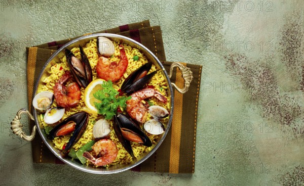 Food, Paella, traditional Spanish dish, seafood paella, top view, homemade, no people