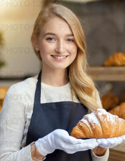 KI generated, woman, 20, 25, years, shows, bakery, bakery shop, baquette, white bread, croissant,