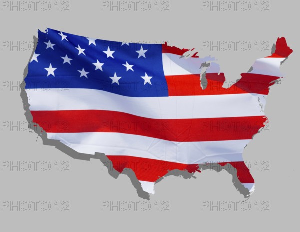 Outline, map of the USA designed with the national flag, stars and stripes