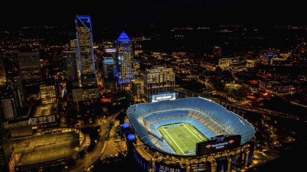 Night aerial view of the Bank of America Stadium, home of the National Football League Carolina