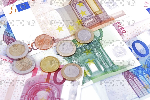 Euro coins, coin money, euro banknotes, money