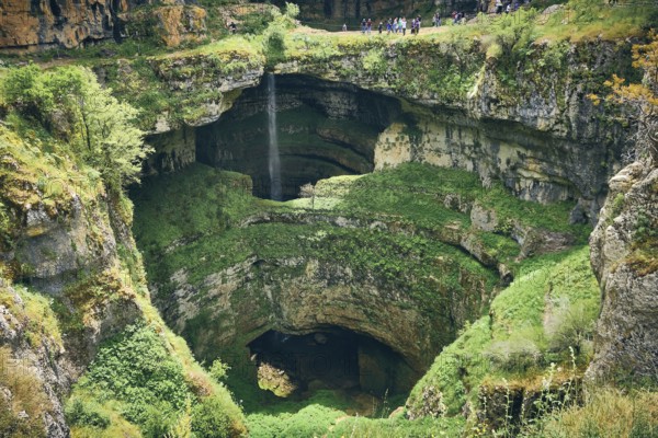 Baatara gorge waterfall in Lebanon. Gorge sinkhole and natural bridges in Tannourine, Lebanon, Asia
