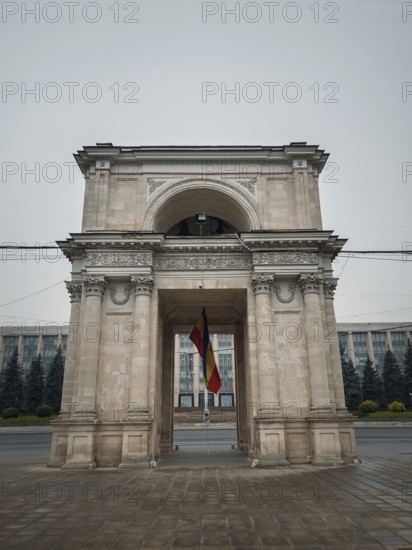 Close up view to the Triumphal Arch in front of the government building, Chisinau, Moldova.