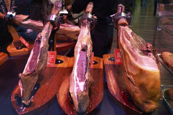 Barcelona. Catalonia. Spain. The Mercat de Sant Josep de la Boqueria. Jamon Iberico (dry cured ham)