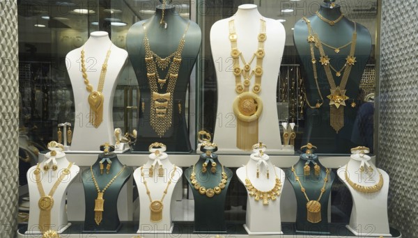 Saudi Arabia, Jeddah, Gold jewellery in a display, Gold Souk, Middle East, Asia