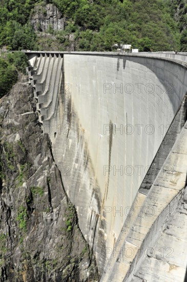 Contra dam with lateral overflows, site of James Bond's bungee jump in the film Goldeneye, diving