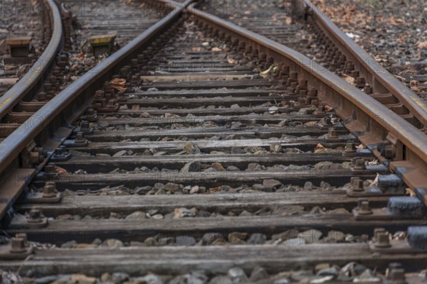 Close-up of railway tracks on a stony ballast bed, Bochum, Ruhr area, Germany, Europe