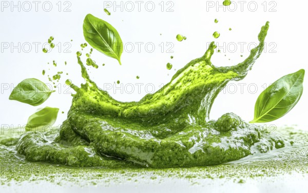 Dramatic splash of green pesto with scattered basil leaves, AI generated